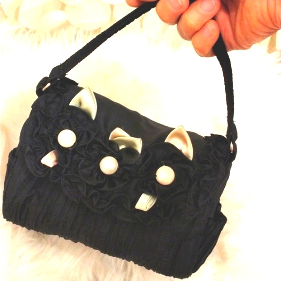 Darling Cat Ears BLACK Handbag Ruffles Summer Purse or Cosmetic Zipper Bag - Picture 2 of 16